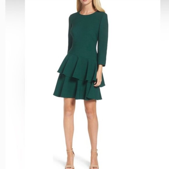 Eliza J. Green Knit Tiered Ruffle Long Sleeve Mini Dress Size 6 - Picture 13 of 13